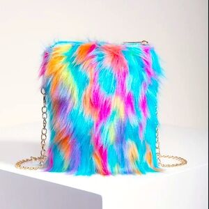 ‼️$7‼️ Mini Rainbow Pattern Square Bag, Trendy Y2K Style Faux Fur Chain Bag 🌈